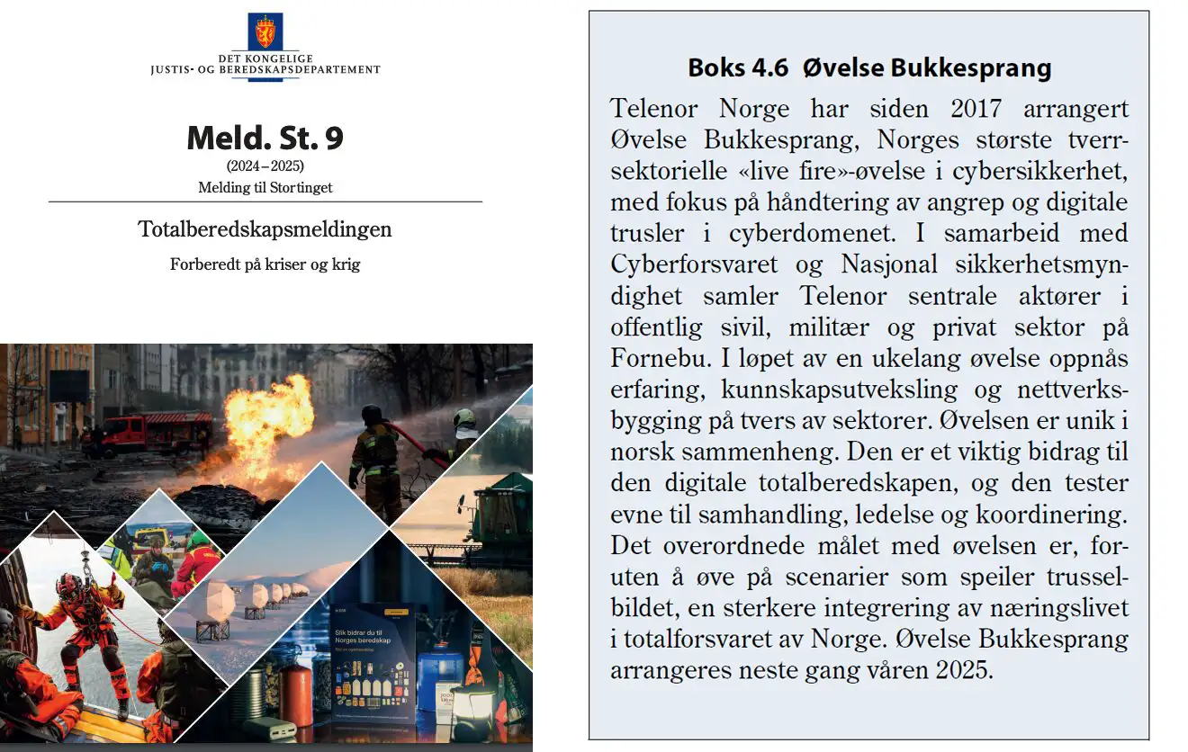 Omtale av øvelse Bukkesprang i Stortingsmelding 9 (2024 - 2025).